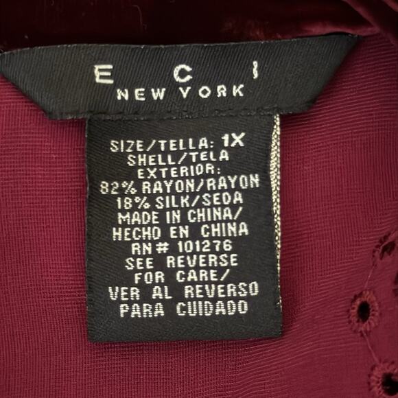 ECI New York Oxblood Velvet Silk Blend Eyelet Detail Scallop Hem Button Up Top - Picture 5 of 5